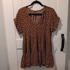 Millibon Earthy Brown Floral Patterned Women's Tunic Dress, Oversized Size Small
